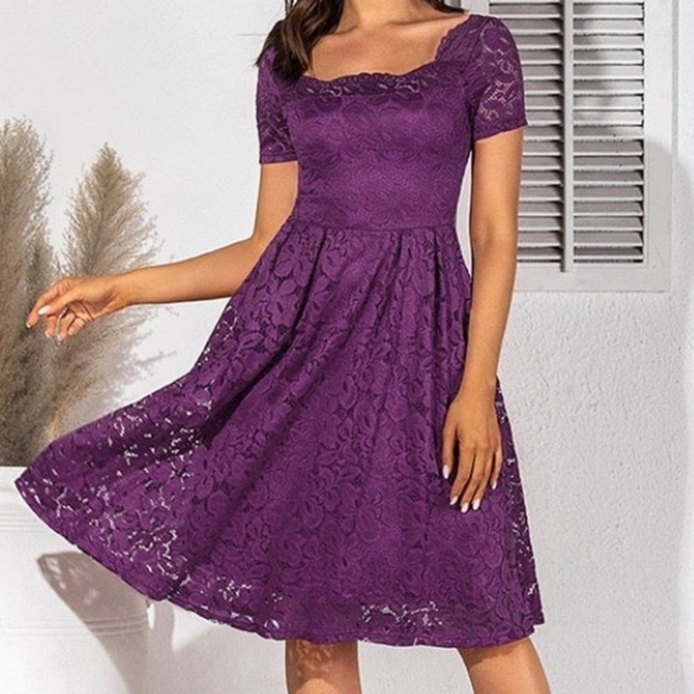 Eggplant Plum Dark Purple Lace Midi Knee Length Fit & Flare Dress